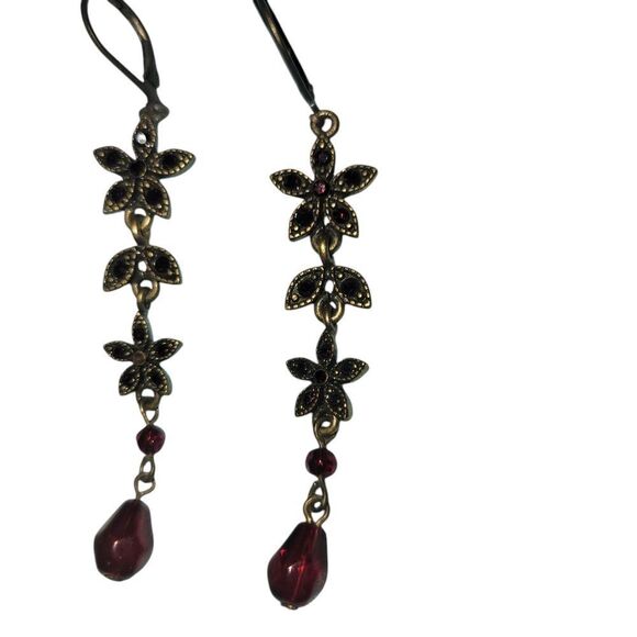 Gold and Red Floral Dangle Earrings with Gemstone Accents - Picture 2 of 4